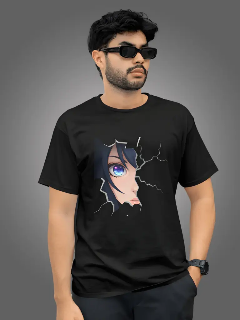 [AnBkGl002S] Marlech Anime Girl Printed T-Shirt for Men | Round Neck Pure Cotton Tee | Regular Fit | Black & White (Classic Black, Small (36))