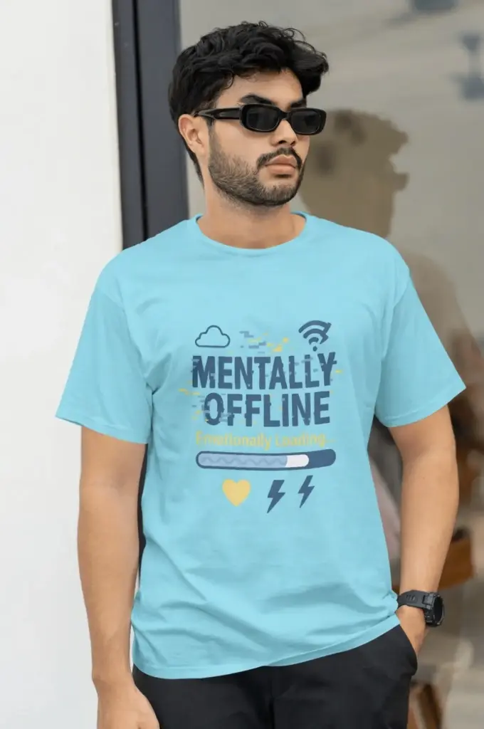 “Mentally Offline Emotionally Loading” Unisex T-Shirt | Glitch Mood Quote Design | 100% Cotton | Powder Blue | Marlech Classics