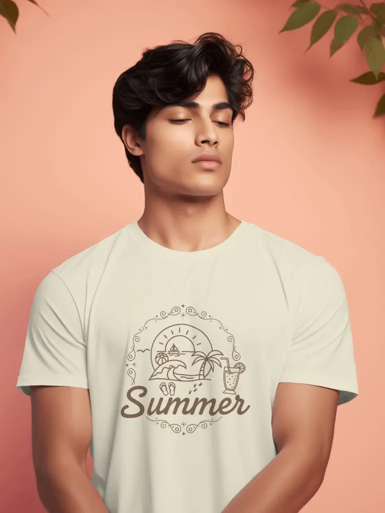 “Summer Escape” Unisex T-Shirt | Off White Cotton Graphic Tee | Tropical Vibes Everyday Wear | Marlech Classics