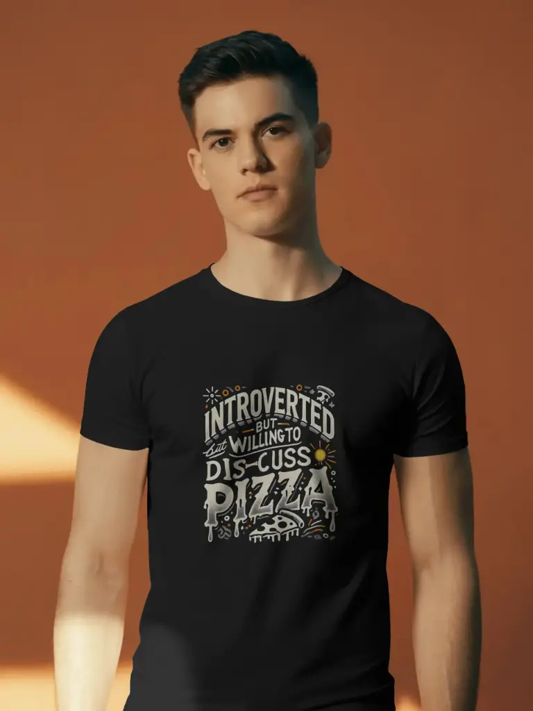 Marlech “Introverted But Willing to Discuss Pizza” Graphic T-Shirt | Quirky Quote Tee for Food Lovers | Classic Black (Small (36))