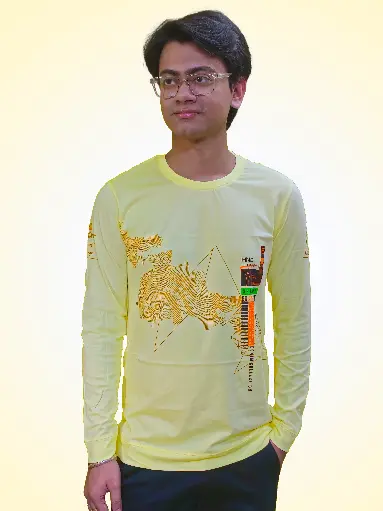 G Star Men's Yellow Pure Cotton Full Sleeves Abstract Graphic Printed T-Shirt | Casual Wear