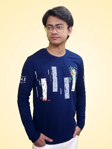G Star Men's Dark Blue Pure Cotton Full Sleeve Graphic Printed T-Shirt | Stylish Casual Wear