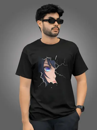 Marlech Anime Girl Printed T-Shirt for Men | Round Neck Pure Cotton Tee | Regular Fit | Black & White