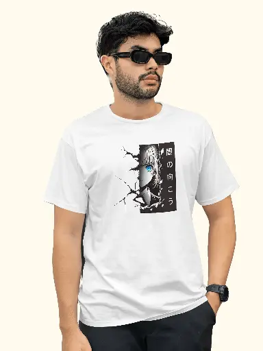 Marlech Abstract Japanese Text Men’s T Shirt, Pure Cotton, Half Sleeves, White